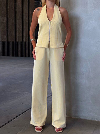 Kadın Sarı Çizgili Önü Fermuarlı Bluz Pantolon İkili Takım HZL25S-ZK13691