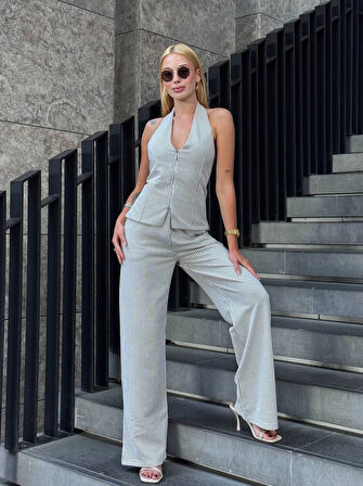 Kadın Vizon Çizgili Önü Fermuarlı Bluz Pantolon İkili Takım HZL25S-ZK13691