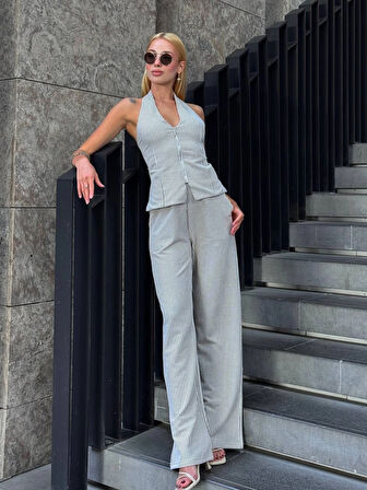 Kadın Vizon Çizgili Önü Fermuarlı Bluz Pantolon İkili Takım HZL25S-ZK13691