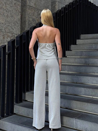 Kadın Bej Çizgili Önü Fermuarlı Bluz Pantolon İkili Takım HZL25S-ZK13691