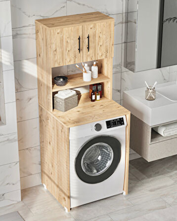 Reyo Enda Home Çamaşır Makinesi Dolabı 3 Raflı Kapaklı Banyo Dolabı Atlantik Çam