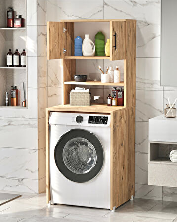 Reyo Enda Home Çamaşır Makinesi Dolabı 3 Raflı Kapaklı Banyo Dolabı Atlantik Çam