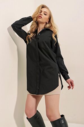 Kadın Siyah Yırtmaçlı Basic Uzun Kollu Boyfriend Poplin Uzun Gömlek HZL22W-BD138791