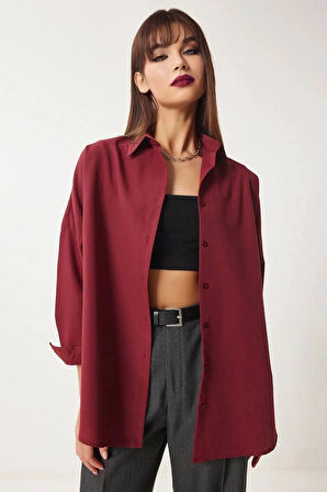 Kadın Bordo Geniş Kalıp Uzun Basic Gömlek HZL24W-BD139001