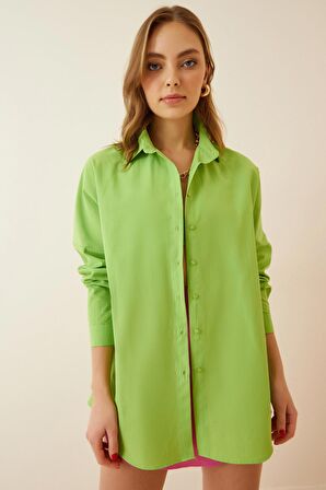 Kadın Fıstık Yeşili Oversize Uzun Basic Gömlek HZL22W-BD139001
