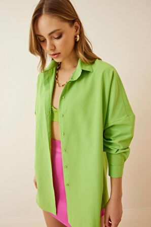 Kadın Fıstık Yeşili Oversize Uzun Basic Gömlek HZL22W-BD139001