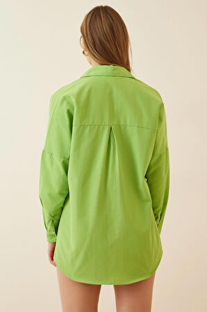 Kadın Fıstık Yeşili Oversize Uzun Basic Gömlek HZL22W-BD139001