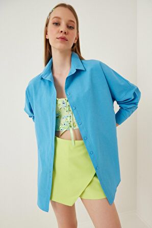 Kadın Mavi Oversize Uzun Basic Gömlek HZL22W-BD139001