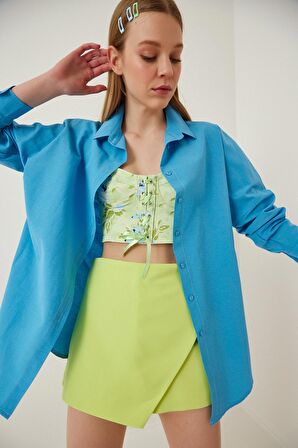 Kadın Mavi Oversize Uzun Basic Gömlek HZL22W-BD139001
