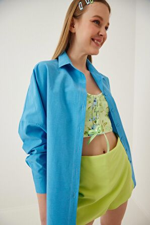 Kadın Mavi Oversize Uzun Basic Gömlek HZL22W-BD139001