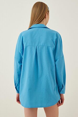 Kadın Mavi Oversize Uzun Basic Gömlek HZL22W-BD139001