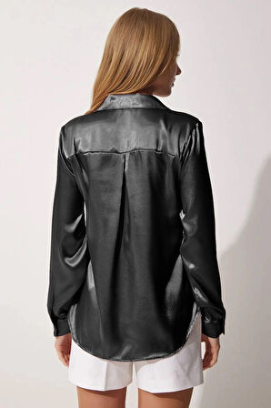 Kadın Antrasit Hafif Dökümlü Saten Yüzeyli Gömlek Hzl22w-bd139641