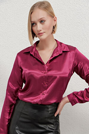 Kadın Bordo Hafif Dökümlü Saten Yüzeyli Gömlek Hzl22w-bd139641
