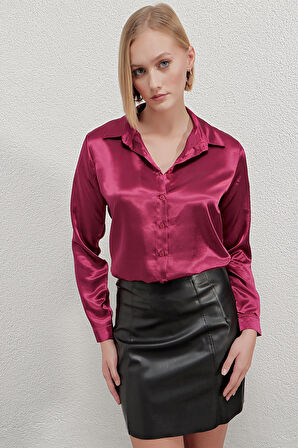 Kadın Bordo Hafif Dökümlü Saten Yüzeyli Gömlek Hzl22w-bd139641