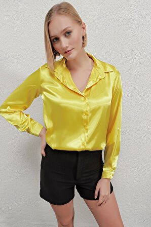 Kadın Sarı Hafif Dökümlü Saten Yüzeyli Gömlek Hzl22w-bd139641
