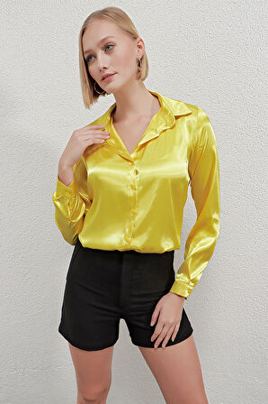 Kadın Sarı Hafif Dökümlü Saten Yüzeyli Gömlek Hzl22w-bd139641