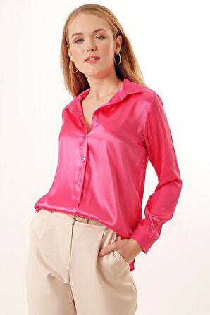 Kadın Canlı Pembe Hafif Dökümlü Saten Yüzeyli Gömlek Hzl22w-bd139641