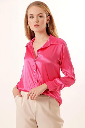 Kadın Canlı Pembe Hafif Dökümlü Saten Yüzeyli Gömlek Hzl22w-bd139641