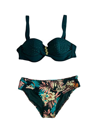 Kadın Zümrüt Yeşil Taş İşlemeli Aksesuar Detaylı Astarlı Bikini Takımı HZL25S-LC4005