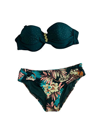 Kadın Zümrüt Yeşil Taş İşlemeli Aksesuar Detaylı Astarlı Bikini Takımı HZL25S-LC4005