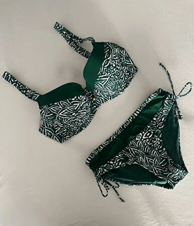 Kadın Yeşil Beyaz Desenli Büyük Beden Astarlı Bikini Takım HZL25S-LC4006