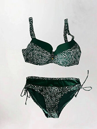 Kadın Yeşil Beyaz Desenli Büyük Beden Astarlı Bikini Takım HZL25S-LC4006
