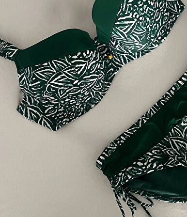 Kadın Yeşil Beyaz Desenli Büyük Beden Astarlı Bikini Takım HZL25S-LC4006