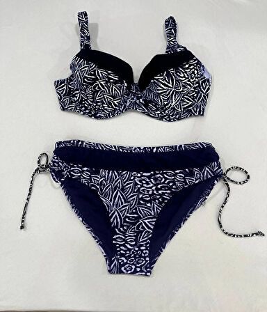 Kadın Lacivert Beyaz Desenli Büyük Beden Astarlı Bikini Takım HZL25S-LC4006
