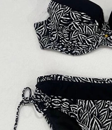 Kadın Siyah Beyaz Desenli Büyük Beden Astarlı Bikini Takım HZL25S-LC4006