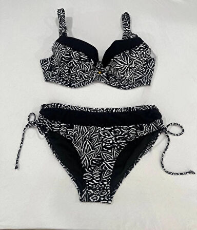 Kadın Siyah Beyaz Desenli Büyük Beden Astarlı Bikini Takım HZL25S-LC4006