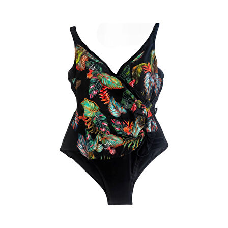 Kadın Siyah Tüy Desen V Yaka Yandan İp Büzgülü Mayo HZL25S-LC4007