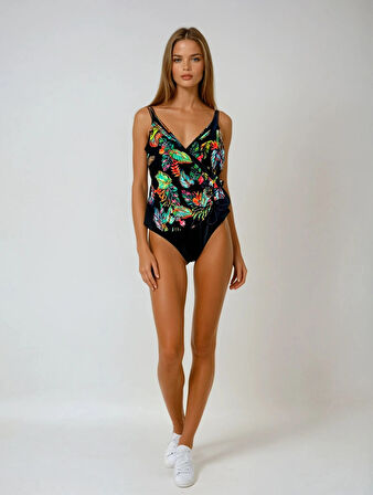 Kadın Siyah Tüy Desen V Yaka Yandan İp Büzgülü Mayo HZL25S-LC4007