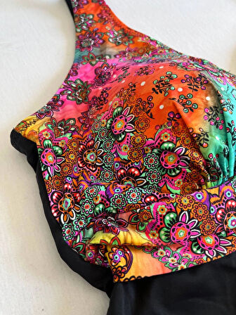 Kadın Siyah Çok Renkli V Yaka Yüzücü Mayo HZL25S-LC4008