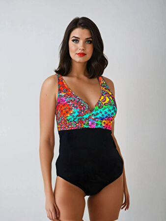 Kadın Siyah Çok Renkli V Yaka Yüzücü Mayo HZL25S-LC4008