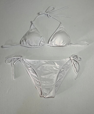 Kadın Beyaz Boyundan İp Bağlamalı Üçgen Bikini Takımı HZL25S-LC5005
