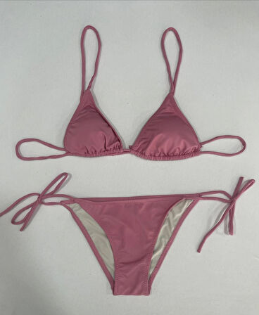 Kadın Gül Kurusu Boyundan İp Bağlamalı Üçgen Bikini Takımı HZL25S-LC5005
