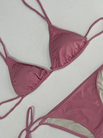 Kadın Gül Kurusu Boyundan İp Bağlamalı Üçgen Bikini Takımı HZL25S-LC5005