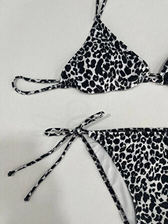Kadın Leopar Siyah Boyundan İp Bağlamalı Üçgen Bikini Takımı HZL25S-LC5005