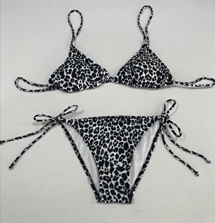Kadın Leopar Siyah Boyundan İp Bağlamalı Üçgen Bikini Takımı HZL25S-LC5005