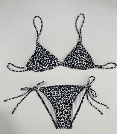 Kadın Leopar Siyah Boyundan İp Bağlamalı Üçgen Bikini Takımı HZL25S-LC5005