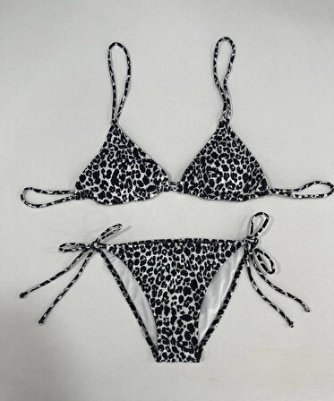 Kadın Leopar Siyah Boyundan İp Bağlamalı Üçgen Bikini Takımı HZL25S-LC5005