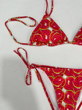 Kadın Kırmızı Karpuz Desen Boyundan İp Bağlamalı Üçgen Bikini Takımı HZL25S-LC5005