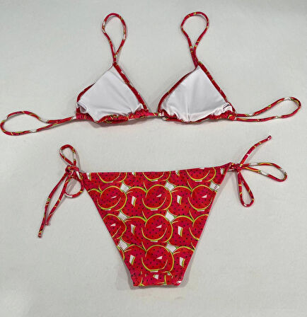 Kadın Kırmızı Karpuz Desen Boyundan İp Bağlamalı Üçgen Bikini Takımı HZL25S-LC5005