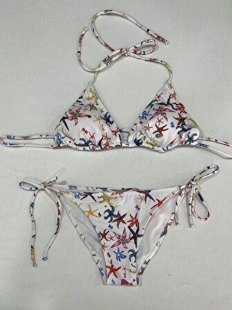 Kadın Beyaz Yıldız Temalı Boyundan İp Bağlamalı Üçgen Bikini Takımı HZL25S-LC5005