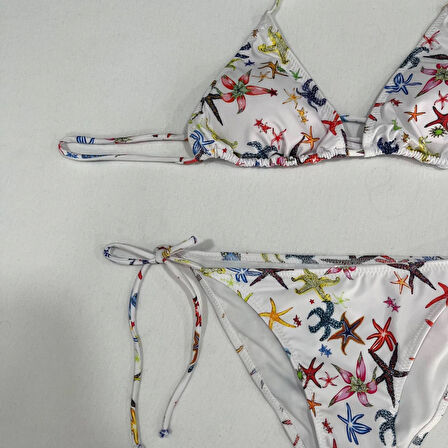 Kadın Beyaz Yıldız Temalı Boyundan İp Bağlamalı Üçgen Bikini Takımı HZL25S-LC5005