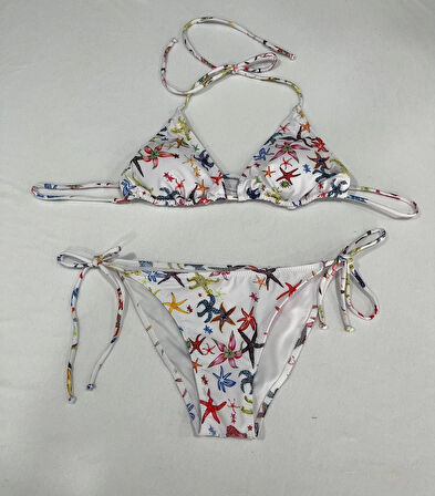 Kadın Beyaz Yıldız Temalı Boyundan İp Bağlamalı Üçgen Bikini Takımı HZL25S-LC5005