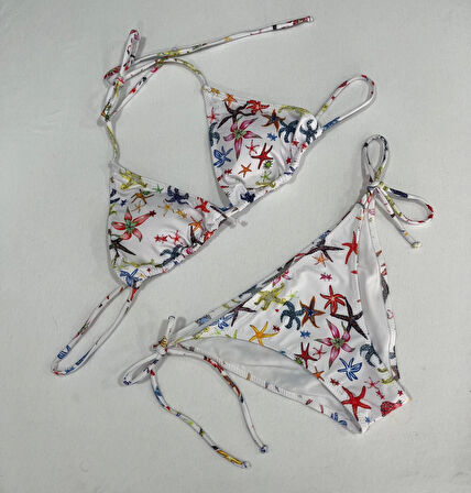 Kadın Beyaz Yıldız Temalı Boyundan İp Bağlamalı Üçgen Bikini Takımı HZL25S-LC5005