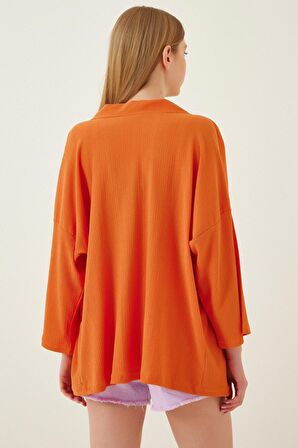 Kadın Oranj Önü Açık Katlı Yaka Dokulu Mevsimlik Ceket HZL22S-BD158621