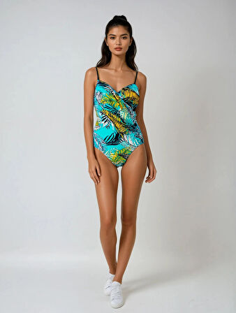 Kadın Lacivert Turkuaz Sarı Tüy Desen Yandan Drapeli Mayo HZL25S-LC6243