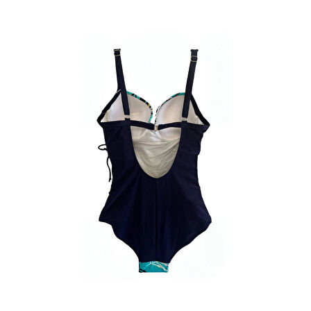 Kadın Lacivert Turkuaz Sarı Tüy Desen Yandan Drapeli Mayo HZL25S-LC6243